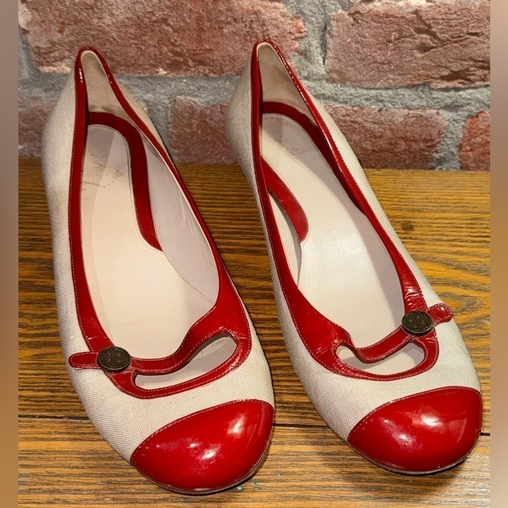 Cole Haan Women's Mary Jane Shoe Red Patent Tan Beige Linen Low Wedge Size 11B